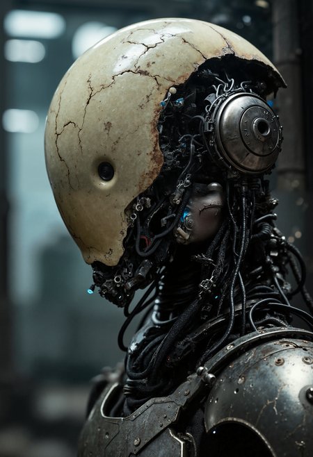 A photorealistic, hyper-detailed portrait in a cyberpunk, vintage space-age style, depicting a humanoid figure with an intricately designed biomechanical helmet. The helmet features a smooth, weathered surface with subtle cracks, blending an organic shape with mechanical details. Dark cables and cybernetic components intertwine beneath the helmet, revealing a fusion of flesh and machine. The lighting is dim and atmospheric, casting soft shadows that highlight the intricate textures of the armor and mechanical parts. The figureâs body, sleek and metallic, is covered with dark, worn plates, while faint blue lights glow subtly through cracks in the armor. The background is blurred, suggesting a futuristic industrial environment, with soft light filtering through a moody, vintage space-age setting. The overall image is cinematic, with a grim, dystopian aesthetic that blends retro futurism with cyberpunk grit, captured in photorealistic detail.