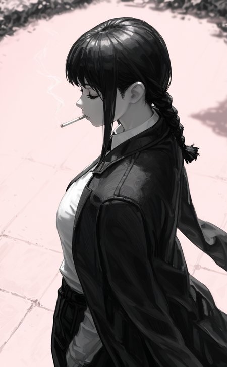 by solipsist, by siy \(shengxiu760722\), by (guweiz:0.5), 
masterpiece, best quality, amazing quality, very aesthetic,
monochrome, greyscale with colored background, pink background, multicolored background, grey hair, 
1girl, cowboy shot, makima \(chainsaw man\), bored, closed eyes, smoking, lighting cigarette, formal clothes, coat on shoulders, 
simple background, perspective, depth of field, from above, from side,
outdoors, (scenery:1.2), 
very awa, best quality, highres, masterpiece, very aesthetic,
<lora:nhl-003:0.9> nhl-003,
