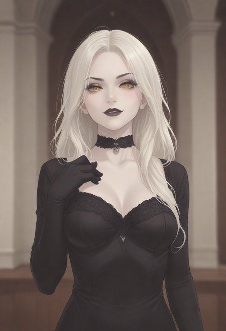 score_9, score_8_up, score_7_up, beauty full color, 
aesthetic, 2d,
close-up shot, view from aside,
solo, 
1girl, 
score_9, score_8_up, score_7_up, score_6_up, score_5_up, score_4_up, 1girl, vampire, colored skin, pure white skin, medium breasts, choker, lips, thick lips, black lipstick, long hair, white hair, yellow eyes, black eyeshadow, smirk, black dress, elbow gloves, covered breasts, upper body, mansion interior background,
indoors, black curtains, night time, dark,