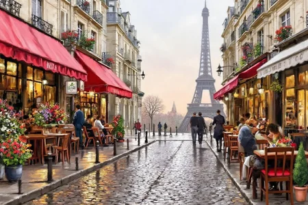 richardmacneil1 painting. A street in Paris with the Eiffel Tower in the background. Cafes with red awnings and outdoor seating line the street. Flower arrangements and potted plants are on the left. Cobblestone pavement reflects the soft light. People walk and sit at the Cafes. <lora:richardmacneil1_cap_d8a4e11:1.0><lora:853239402661476936:0>