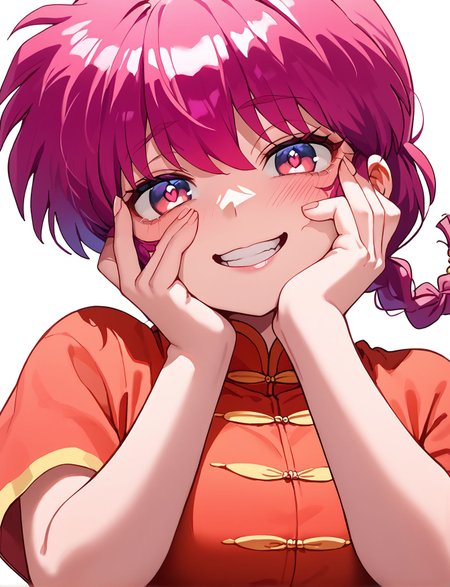 score_9,score_8_up,score_7_up,masterpiece, best quality, <lora:WHM 0.2v:0.5>, WHM, 2D,anime,  
 simple background, face focus, close-up 1girl,heart-shaped pupils,   looking at viewer, Yandere trance, hands on own face, hands on own cheeks, looking at viewer, blush, <lora:Yandere_Expression_v1.0:0.85>steam,  crazy smile,head tilt, Yandere,
shaped face,crazy eyes, half-closed eyes, torogao, 
pants, chinese clothes, tangzhuang,short sleeves, 
<lora:ranma-saotome-alpha-ponyxl-lora-nochekaiser:0.7>, ranma saotome, braid, red hair, single braid, braided ponytail, red eyes, big breasts,