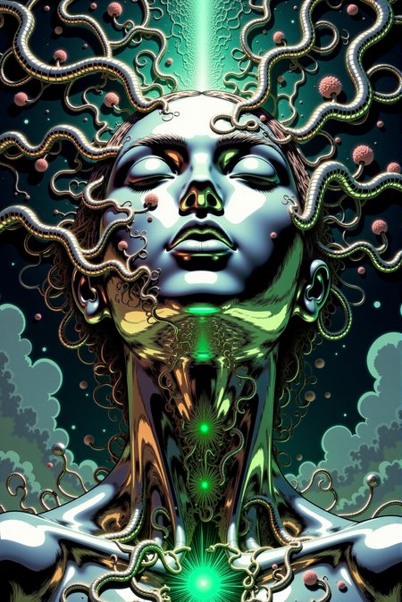 <lora:DGLO_style_v.7:0.75> DGLO style.  A surreal and hypnotic depiction of a metal-faced humanoid figure, eyes closed in serene meditation, radiating an aura of cosmic energy. The face appears metallic and polished, with soft shadows accentuating its elegant features, framed by intricate fractal patterns resembling flowing vines and blooming foliage. These fractals extend outward in a kaleidoscopic display of twisting, luminous tendrils, shimmering with hues of turquoise, silver, and black. The background fades into an infinite void, giving the impression of boundless depth, while the fractals appear to grow like living neural pathways, pulsating with energy. The piece feels transcendent and otherworldly, blending themes of nature, consciousness, and digital artistry. The focus on symmetry and detail creates a mesmerizing, dreamlike aesthetic.