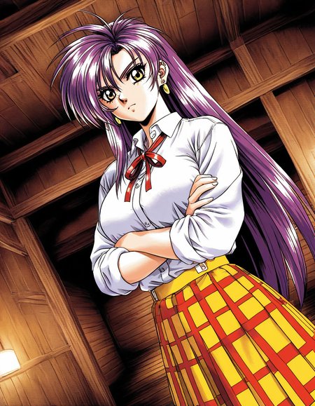 general,highres, ultra-detailed,very aesthetic,best quality ,best hands, BREAK <lora:Serizawa_Mio_isaku_PC98_IS:1>
Serizawa_Mio(isaku_PC98), 1girl,solo, long hair, purple hair, yellow eyes, large breasts,
crossed arms,  shirt, skirt,  white shirt, plaid skirt, earrings, looking at viewer, 
ribbon, neck ribbon, jewelry,  plaid, collared shirt, school uniform, Yellow_orange skirt,
long sleeves, red ribbon, shirt tucked in, bangs, sleeves rolled up, closed mouth, red skirt, dress shirt, pleated skirt,
 indoor, wooden room, dark room, brown light, standing, official art, dynamic angle,