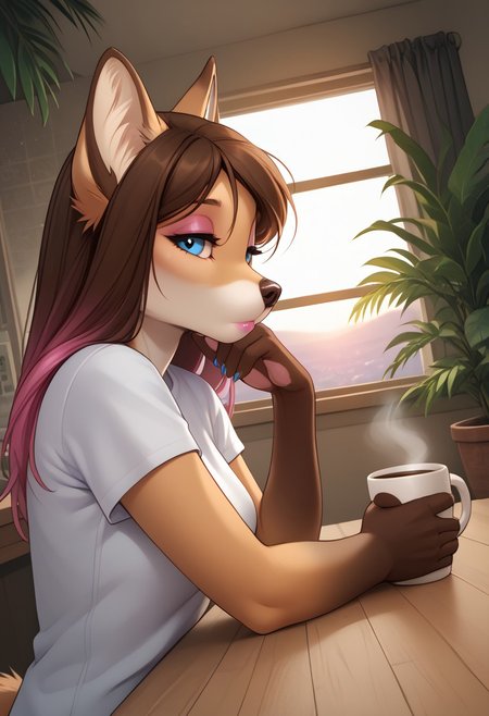 score_9,score_8_up,score_7_up,score_6_up,score_5_up,score_4_up, solo, Helga, 1girl, solo, furry female, fox girl, long hair, (gradient hair, multicolored hair, brown hair, pink highlights, messy hair), fox ears, animal ear fluff, blue eyes, body fur, two tone fur, brown fur, white fur, furry female, medium breasts, looking at viewer, slim body, fit body, perfect body, realistic, face focus, face close-up, close-up, (casual clothes, white t-shirt), glossy lipstick, pink lipstick, dutch angle, closed mouth, facing viewer, detailed fur, shiny hair, glossy hair, realistic hair, detailed hair, fingernails, blue nail polish, behind table, holding coffee mug, steaming hot coffee, ((sleepy, sleepy eyes, tired, morning coffee)), morning, super tired, exhausted, view from side, ((sunrise)), just awake, dead tired, realistic background, tropical island hotel, tropical island, furry, anthro