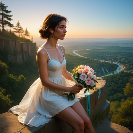 score_9, score_8_up, score_7_up,  source_photo, 8k skin textures,,high_quality_photography, source_photo, highly_detailed, very_aesthetic, beautiful, realistic,pretty woman,sitting on a cliff,above ocean,sunset,crying,holding valentine,bouquet of flowers thrown on the ground, man walking away in background,zPDXL2