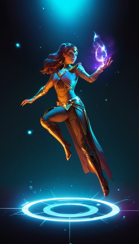 hologram of Cinematic scene, hero view, d4s sorceress, action pose, detailed background, masterpiece, best quality, high quality, absurdres <lora:diablo_4_sorceress_xl_v3:1> floating in space, a vibrant digital illustration, dribbble, quantum wavetracing, black background, behance hd