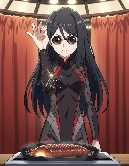 score_9, score_8_up, score_7_up, source_anime, <lora:shutaura-sequenzia-movie-ponyxl-lora-nochekaiser:1>, shutaura sequenzia, long hair, black hair, black eyes, hair between eyes, anime screencap,, bodysuit, black bodysuit, pilot suit, theater, stage, seats, performance, curtains, smile, <lora:salt-bae-ponyxl-lora-nochekaiser:1> salt bae, salt bae (meme), salt, springkling, meme, cooking, steak, sunglasses, mean, grilling, grill, frying pan, food, hand up,, looking at viewer, solo,, dutch angle, cowboy shot