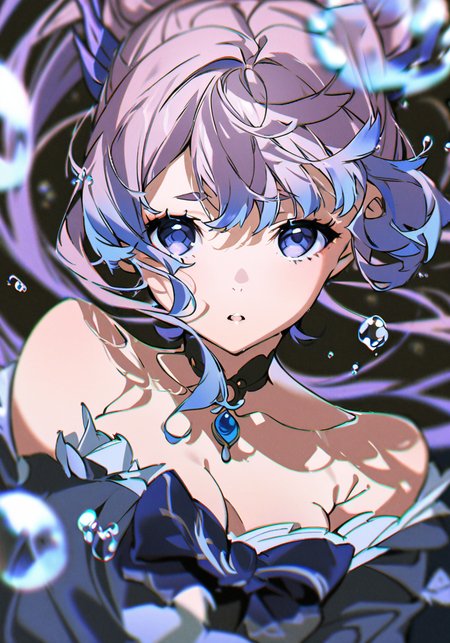 masterpiece, best quality, <lora:yoneyama-a31:1>,yoneyama mai, 1girl, solo,sangonomiya kokomi (genshin impact ),hair ornament,open mouth, bubble, air bubble, upper body, looking at viewer, floating hair, looking up, eyelashes, parted lips, bangs, water,  submerged, blurry, multicolored hair,purple hair, long hair,japanese clothes, underwater,chromatic aberration, bare shoulders, choker,cleavage, very long hair,