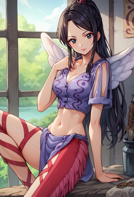 score_9, score_8_up, score_7_up, score_6_up, score_5_up, score_4_up, 1girl, Laki, purple cropped jacket, red legwear, leg cutout, fringe trim, purple loincloth, wings, black hair, braid, black eyes, looking at viewer, cute, detailed background, <lora:Laki_pony:1>
