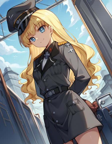 score_9, score_8_up, score_7_up, source_anime, <lora:retia-adolf-ponyxl-lora-nochekaiser:1>, retia adolf, blue eyes, blonde hair, wavy hair, bangs,, gloves, hat, military uniform, peaked cap, zettai ryouiki,, train station, waiting for train, suitcase, traveling, commute, city skyline, hands behind back,, , looking at viewer, smile, from below, solo,, cowboy shot, dutch angle