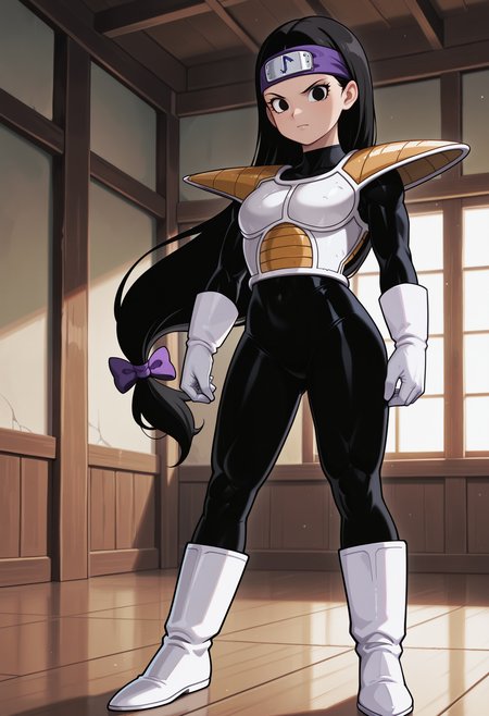 Tsch, 1girl, black hair, low-tied long hair, black eyes, purple bow, forehead protector, white saiyan armor, shoulder pad, black bodysuit, white gloves, white boots, muscular, looking at viewer, indoors, best quality, very aesthetic, masterpiece,