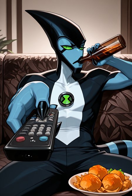 <lora:xlr8-08:1> xlr8, solo, green eyes, blue skin, black lips, stripped tail, 1boy, black mouth strip,, detailed background, black claws,     <lora:ManWatchingTVMeme_illusXLNoobAI_Incrs_v1:1> sitting, holding bottle, holding remote control, controller, on couch, drinking, looking at viewer, food, masterpiece, best quality, amazing quality, very aesthetic, absurdres, newest,