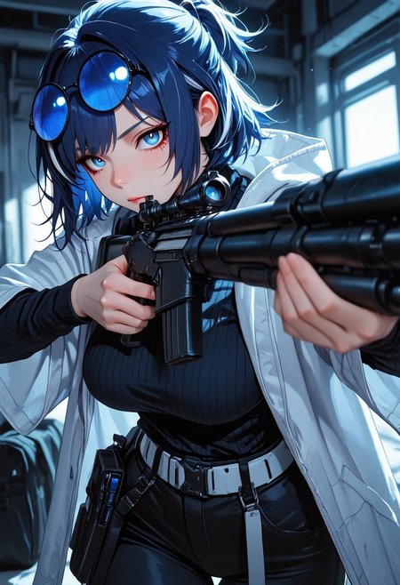 highres, very detailed, amazing quality, masterpiece,
very aesthetic,
particle effect,
1girl, Andreana from Arknights, large breasts, curvy, short hair, streaked hair, blue hair, white hair, short ponytail, blue eyes, round eyewear on eyes, blue-tinted eyewear, white jacket, hooded jacket, hood down, open jacket, layered sleeves, short over long sleeves, black sweater, turtleneck sweater, black pants, white belt, black bag, fanny pack,
Aiming a sniper, holding a sniper rifle, looking at viewer, 
Close up, depth of field, ray_tracing, cowboy shot, extreme foreshortening, very aesthetic, cinematic,