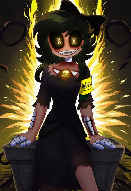Masterpiece, High quality, OC, anime, Female Adult woman, solo, 1girl, Cyn, 1girl, solo, x pupils, black hair, smile, black dress, armband, yellow armband, extra hands, sinister smile, looking at viewer. sitting on throne made of bones, down view, Yellow fire background