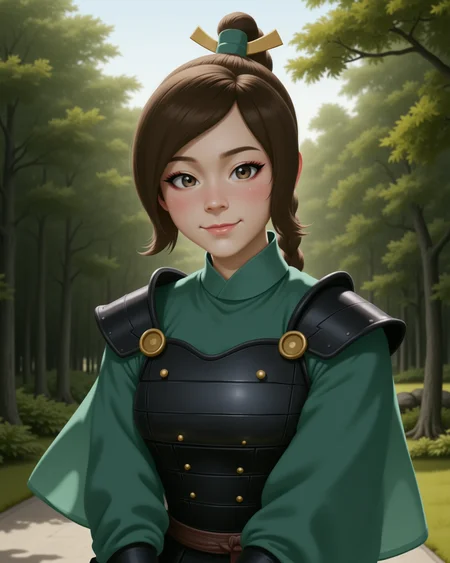 Semi-Realistic digital illustration Style in a wide shot. Looking at viewer, outdoors in daylight, 18 year old woman, Flattered with a rosy blush, a shy smile, and eyes looking down in modesty.
 <lora:AirBender_-_Ty_Lee_v2-000040:1> ab-tylee, brown hair and gray-brown eyes, ponytail
black japanese armor, kyoshi white face makeup, long sleeves, green dress, golden pin through hair