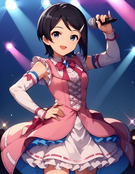 score_9,score_8_up,score_7_up,1girl,solo,cowboy shot,looking at viewer,smile,open mouth,holding microphone,hand on hip,stage lights,
<lora:mizutanieri_ponyXLV6:0.8>,dsme,
black hair,short hair,hairclip,blue eyes,
pink vest,detached sleeves,skirt,frills