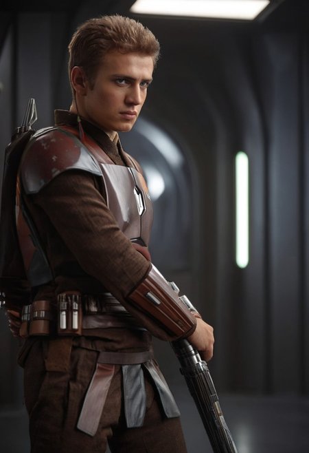 (three-quarter view:1.5) (close-up:0.5) shot of <lora:Anakin_Padawan_Jedi:0.8> Anakin Padawan Jedi is wearing a mandalorian armor  and holding staffsaber, (((dynamic action pose))), 8k uhd, dslr, soft lighting, high quality, background of black sci-fi spaceship corridor, intricate details, masterpiece, trending on artstation, realistic, Cinematic, epic, action packed, incredibly detailed and realistic, magnificent, vignette, high budget, bokeh, moody, sharp, highly detailed, concept art, realistic hands, dynamic pose, dynamic shotfantastic location, 8k unity render, action shot, skin pores, detailed, detailed face, (vibrant, photorealistic, realistic, dramatic, dark, sharp focus, 8k), (weathered damaged old worn leather outfit:1.5), (intricate:1.5), (highly detailed:1.4), octane render, sharp focus, art by artgerm, (loish:0.23) , wlop ilya kuvshinov, (global illumination, studio light, volumetric light),  <lora:Perfect Hands:0.8> Perfect Hands, <lora:Star Wars: Mandalorian_Armour_FLUX/SDXL:0.9> 7-MandalorianArmour