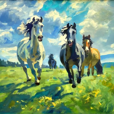 artmix01 horses on a sunny meadow, blue sky with clouds, very detailed<lora:artmix01:1>