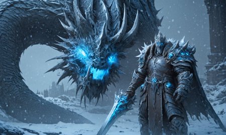 deathknight style,a powerful artifact that can grant immortality is guarded by a powerful dragon,8k,masterpiece,realistic,glowing eyes,epic,trending on artstation,hyperdetailed photography,sharp focus,frost theme,(philip kennedy johnson:1.2), <lora:deathknightsyleXL-000004:0.7>,snowing