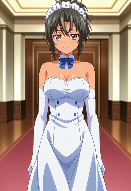 masterpiece, best quality, amazing quality, very aesthetic, absurdres, suzukimirano, anime coloring, source anime, indoors, ballroom, blurry background,
BREAK 
1girl, CynthiaSagrit, purple eyes, dark-skinned female, black hair, standing, seductive smile, maid, white strapless dress, beautiful dress, white elbow gloves