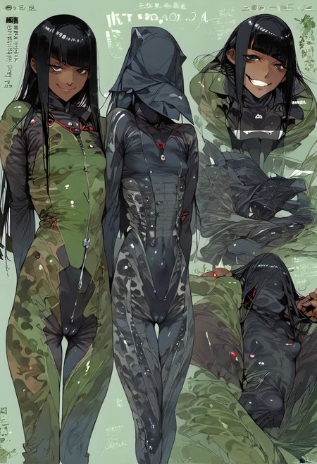 score_9, score_8_up, score_7_up, score_6_up, score_5_up, score_4_up,  1girl,  black eyes, green tree, ((midnight)), tilted angle, loop lighting, (((forest))), solo, ((((holding sickle)))), Concept Art, (((((((camo bodysuit))))))),  flat breasts, flat ass, skinny leg, skinny body, slim girl, (18 years old)), ((pettie)), narrow waist, flat chest, ((camo hand bodysuit)), (((short))), flat breasts, flat ass, narrow waist, ((flat chest)), (((short))), ((flat chest)), (((anorexic))), ((((dark skin woman))))), hime cut, ((((bodysuit)))), black face, black skin,  (((smug))),, ((((character sheet))))