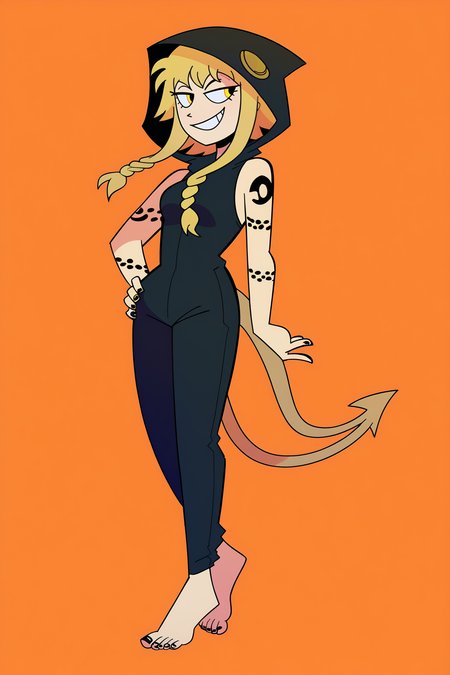 score_9, score_8_up, score_7_up, score_6_up, score_5_up, score_4_up, hood, 1girl, solo, blonde hair, nail polish, simple background, black nails, medusagorgon, tattoo, braid, looking to the side, full body, long hair, sleeveless, yellow eyes, smile, grin, tail, pants, flat color, barefoot, feet, orange background, black hoodie, sleeveless hoodie, bodysuit, jewelry, bare shoulders, <lora:souleater_medusa_ponyXL:1>