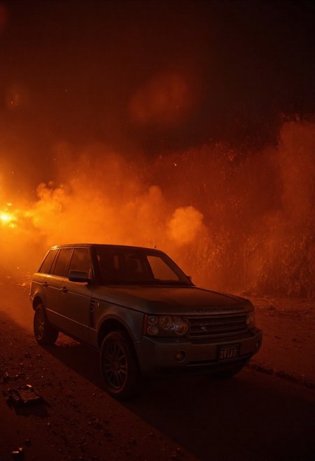 Range Rover l322 at the front of scene,the car drives through the flames, everything's on fire, there's flames on the car.. Fire illuminates dead surrounding. 
horror movie themed