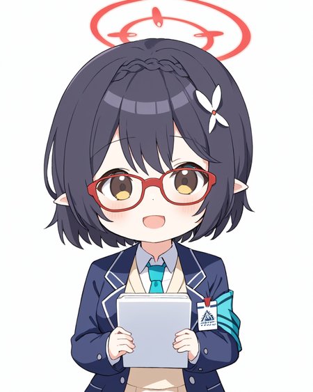 ayane \(blue archive\),1girl, halo, solo, hair_flower, white_background, braid, glasses, chibi, simple_background, :d, upper_body, school_uniform, long_sleeves, white_shirt, blue_necktie, collared_shirt, looking_at_viewer, holding_book, open_mouth, black_jacket, red-framed_eyewear, blue_jacket
<lora:ayane_(blue_archive)_image368_2023-11-26:1>halo. gorgeous,key visual, vibrant, studio anime,award-winning, professional, highly detailed,high budget, cinemascope