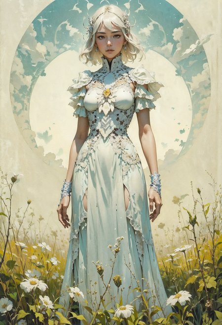 (in Otomo Katsuhiro style:1.2), masterpiece, high-quality, A female in a white dress standing in a field of tall grass, her hair lifting gently in an unseen breeze, faint ghostly outlines of flowers appear around her as if shes part of the landscape, Style is Ethereal realism with soft surrealism, delicate flower details, high grass textures, gentle pastel hues, (elaborate fine details:1.1), (elaborately detailed attire with extraordinary elements:1.1), (hyperdetailed:1.1), (intricate details:1.0), (Refined details:1.1), (best quality:1.1), (high resolution:1.2)