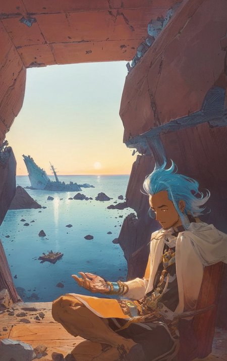artwork <lora:Moebius:1>, outdoor at morning, 1man 50yo (Temesgen Kiros:1.3), Shag hair do a envision, crystal canyon, shipwreck