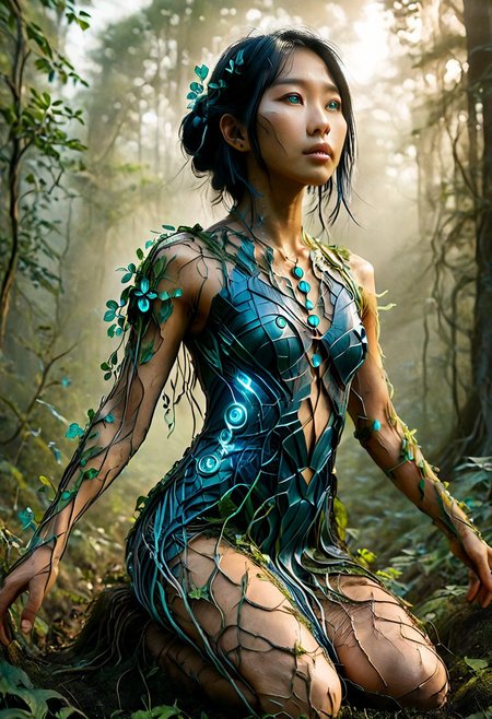 a korean-japanese woman with turquoise eyes, black night hair with glowing electric blue strands, soft satin skin, wearing a futuristic cybernetic bodice with glowing blue circuitry on her chest, arms and shoulders, her lower body wrapped in living roots and flowering vines emerging from the mossy ground, the roots wrapping around her hips and legs like a gown, merging with the soil, a bioluminescent forest glade with rays of light filtering through the canopy, soft fog near the ground, ethereal atmosphere, highly detailed, organic-tech fusion, cyberbotanical dress from the earth, mystical presence