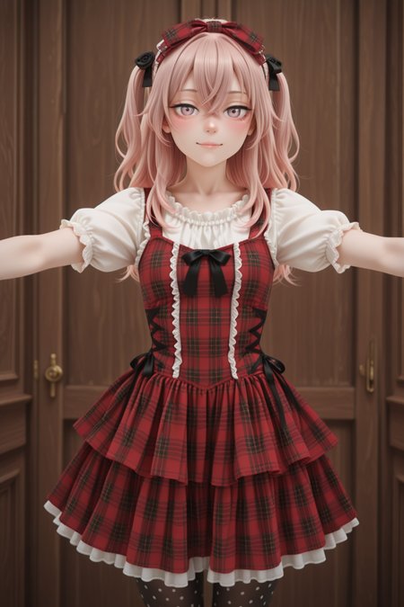 masterpiece, best quality, amazing quality, 1girl, solo, makeup, general, looking at viewer, blush, cowboy shot, smile, boutique, indoors, fancy, blush, lovely, spread arms, looking at viewer, <lora:sajuna-inui-s1-illustriousxl-lora-nochekaiser:1>, sajuna inui, inui sajuna, long hair, bangs, hair ornament, hair between eyes, pink hair, pink eyes, two side up, crossed bangs, black flower, black rose, mature female, small breasts, <lora:Showaretrocakeskirtdress:1>, Showaretrocakeskirtdress, plaid, red dress, hair bow, pantyhose, black footwear, polka dot legwear, (layered skirt:1.2), ribbon, (ribbon plaid hairband:1.1), white short sleeves, frill, <lora:wai-2Rectified-V140:1>, <lora:Illustrious_-_Refiner:1>