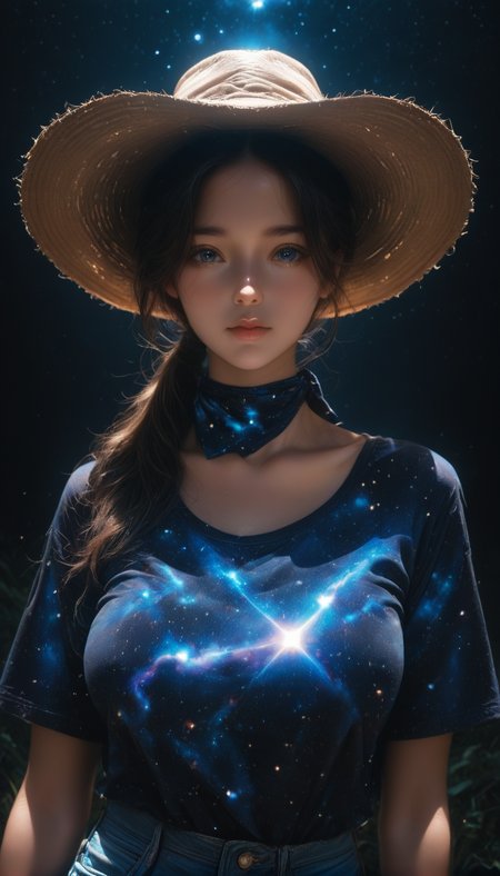 <lora:LCMTurboMix_Euler_A_fix:1> <lora:example_SDXL:0.3>, EZRealPONYXL, <lora:Dramatic Lighting Slider:3> <lora:realistic filter [IL]: 1>
DSLR,realistic,cosplay photo, (very awa,masterpiece,best quality,year 2024,newest,absurdres,highres:1), realistic,skin texture,facial features, photography shot with Canon EOS 5D Mark IV , realistic, RAW, best quality, masterpiece, amazing quality, skin details,
highly detailed beautiful face, large natural breasts,
detailed background, shiny skin, dutch angle, night, moonlight,
beautiful detailed eyes, intricate details, absurdres, anime screencap,
<lora:AddMicroDetails_Illustrious: 0.5> , addmicrodetails,
artist: onono imoko, artist: taesi,
high_quality, highres, detailed, masterpiece, best quality, absurdres, woman wearing Jedcwb, cowboy outfit, wide-brim hat, bandana, jeans,  black background, over-the-shoulder ponytail, bangs,  posing,  diagonal_angle,   <lora:CowgirlIL-000002:1>
 <lora:galaxyXLP:1> (galaxy print shirt : 1.5), (galaxy sky 1.5),