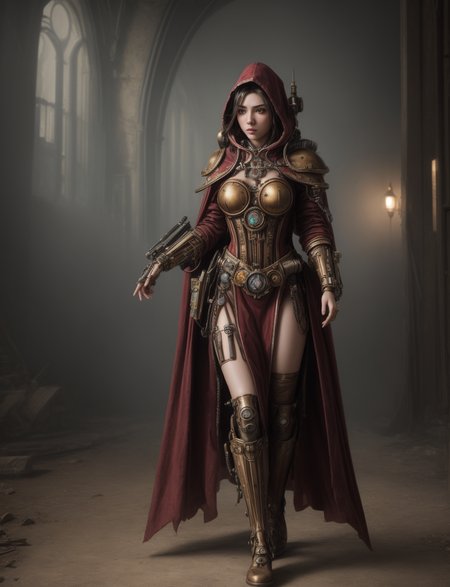 Ultra-realistic 8k CG, masterpiece, best quality, (very detailed face),masterpiece, best quality, 1girl, 20 years old, woman, colorful, (full body, wide shot),  <lora:more_details:0.8>  <lora:techpriest:0.8> mechanical arms, steampunk, hood, robe, techpriest, forgeworld, adeptus mechanicus,