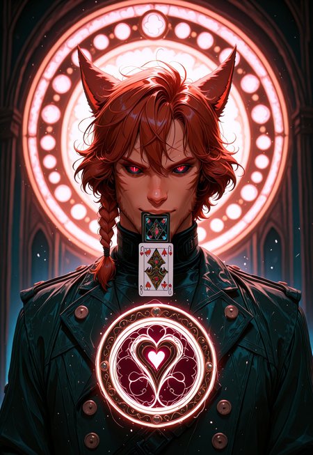masterpiece, very aesthetic, best quality, absurdres, newest, SMN0UV34UDSK, art nouveau, R3MYL3BEAU, miqo'te, animal ears, cat ears, solo, facial mark, red eyes, colored sclera, black sclera, short hair, auburn hair, blurry background, blurry, 1boy, male focus, looking at viewer, slit pupils, whisker markings, upper body, scar, single braid, mouth hold, playing cards, card, glowing, negative space,  belle époque, jugendstil, secession, liberty, guimard, mucha, klimt, fin de siècle, anime screencap, retro art style, flat color, 