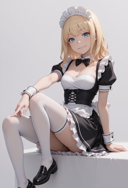 masterpiece,best quality,absurdres,highres,very aesthetic,high quality,detailed,insanely detailed,beautiful,perfect lighting, looking at viewer, looking at viewer, 
 <lora:Leivinia Birdway illu:1> 1girl, white thighhighs, blonde hair, blue eyes, maid headdress, smile, maid apron, shoes, detached collar, looking at viewer, black bow, wrist cuffs, loafers, black bowtie, simple background, black footwear, grey background, frills, sitting, breasts, dress, short sleeves