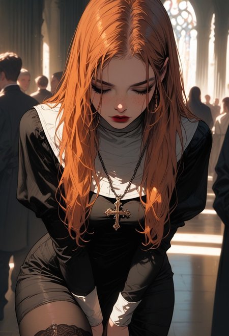 masterpiece,best quality, highly detailed, score_9, score_8_up, score_7_up, score_6_up, source_cartoon,
 BREAK
 BREAK
1girl, solo, gray medieval square, medieval setting, daytime, natural lighting, girl standing, facing camera, (orange hair), dark green eyes, (long hair), dark red lipstick, cute girl, perfect round face, decorations on body, freckles, touching hair, (shy), (looking down), (intricate nun outfit), athletic, (wide hips, thick thighs:1.6), (big half-closed eyes), crowd in background, detailed textures, raw emotion, explicit focus, danger tension.
 BREAK
dynamic light, warm_light, vibrant colors warm_colors, soft focus, high contrast, textured surfaces, depth of field, golden hour lighting, dramatic shadows, rich details, nature-inspired color palette, playful composition.
,dynamic angle,dynamic light,background,