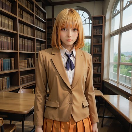 cinematic film still,score_9,score_8_up,score_7_up,masterpiece,best quality,8k,
<lora:Midorikawa_Hana:0.8> , midorikawa hana,brown eyes,blonde hair,orange hair, school uniform,brown blazer,collared shirt,orange skirt, 
 <lora:0859 library_v1_pony:1> , ruanyi0859,library, window,