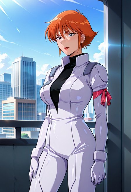 ((masterpiece, absurdres)), best quality, amazing quality, newest, 4k, anime coloring, very aesthetic, ray tracing, Smooth Quality, CG, city view,helen, 1 mature female, orange hair, short hair, black eyes, red lips, pilotsuit, gloves, turtleneck t-shirt, arm ribbon