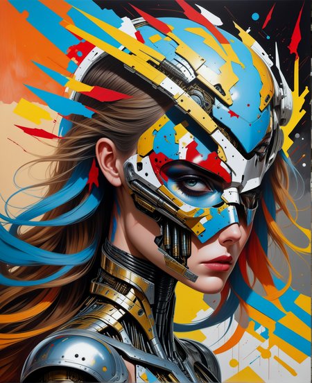 heavy armored woman,Long Shot,masterpiece,best quality, <lora:SandraChevrierXL:0.8>,sachr style,scifi,chaotic,aesthetic (abstract warpaint),8k,awardwinning,trending on artstation and deviantart
