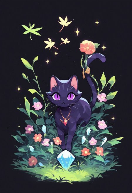 score_9, score_8_up, score_7_up,  
c0l0r1f1c4t10npurpl3,ColorificationPurple,Colorification Purple, solo, looking at viewer, simple background, jewelry, purple eyes, full body, flower, no humans, sparkle, leaf, cat, grass, black background, gem, crystal, animal focus
