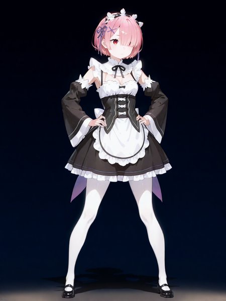 perfect quality,high quality,masterpiece,best quality,amazing quality,very aesthetic,absurdres,Cinematic Lighting,newest,Tactical use of shadow,
front view,full_shot,Contentment,
RAMCYQL,1girl,solo,short hair,bangs,pink hair,hair over one eye,red eyes,hair ornament,x hair ornament,maid headdress,ribbon,hair ribbon,purple ribbon,maid,roswaal mansion maid uniform,black dress,detached sleeves,long sleeves,apron,waist apron,white apron,frills,pantyhose,white pantyhose,mary janes,black footwear,cleavage,
full body,standing,hands_on_hips,,
powderblue background,simple background,
<lora:ponyv5_noobV065S_1_adamW-000013:0.7>,<lora:wl-illV1-000017:0.7>,<lora:zzziGnXL_il_lokr_V531:0.5>,<lora:USNR STYLE_XL_loha:0.45>,usnr,,<lora:RAMCYQL:1>,