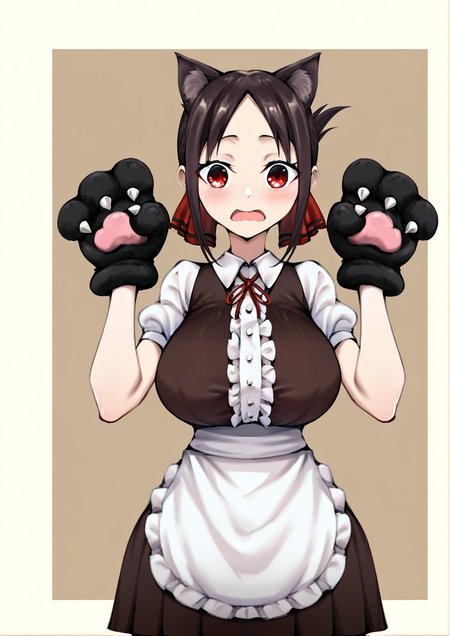 <lora:ghosty_å°ç½:1>,1girl, shinomiya kaguya, detailed background, huge breasts, wide hips, animal ears, animal hands, apron, blush, brown background, brown dress, brown hair, cat ears, center frills, collared shirt, cowboy shot, dress, folded ponytail, frills, gloves, hair ribbon, hands up, kemonomimi mode, open mouth, parted bangs, paw gloves, pleated dress, puffy short sleeves, puffy sleeves, red eyes, red ribbon, ribbon, shirt, short sleeves, sidelocks, solo, two-tone background, waist apron, wavy mouth, white apron, white shirt, 
very awa, masterpiece, best quality, highres, absurdes,amazing quality