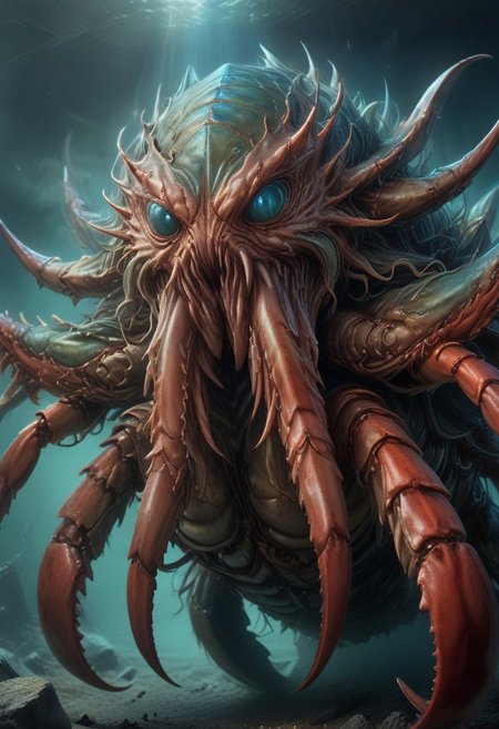 masterpiece close up, dynamic angle, high resolution, whole body visible, high details, 
(crab qu4ntum),  chaotic energy aura, , mechanical cthulu kraken head, blue godrays from top