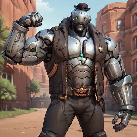 portrait of bob_ow man, (robot), bowler hat,  flexing, large arms, outdoors, wild west background <lora:B.O.B._Overwatch:.9>