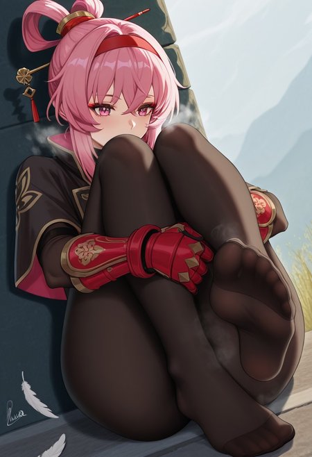 piukute062,  outdoors, undershirt, falling feathers, black bodysuit, hair stick, hugging own legs, , gauntlets,   eyeshadow,   red gloves,  high ponytail,  , black capelet, red hairband, pink eyes, 1girl, solo, feet, visible breath,   dynamic angle, foreshortening, smell, steam,