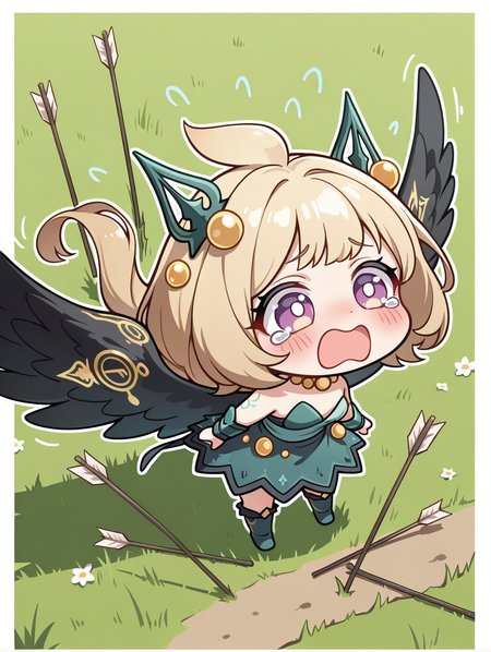 hugin the runick wings, 1girl, solo, open mouth, tears, chibi, blush, green hair ornament, green strapless dress, arrows,  full body, minigirl, yellow necklace, green vambraces, green knee boots, grass, white border, 
masterpiece,best quality,amazing quality,very aesthetic,absurdres,newest,<lora:Hugin the runick wings illuXL v1:0.75>,