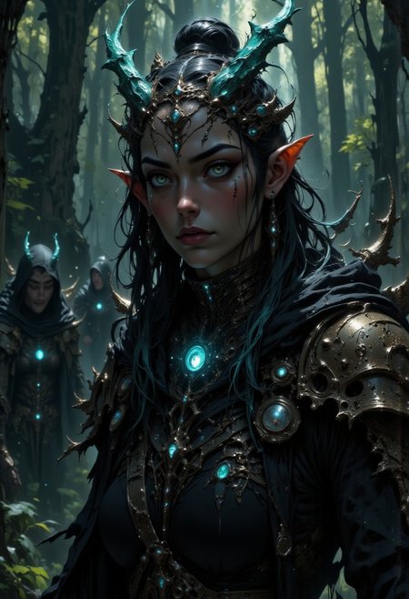 UHD 32k epic dark fantasy movie still, photograph, group of Elven assassins stealthily approaching in woods, highly detailed cinematic scene, focus on beautiful female Elven assasin leading, other elves in the distance, forest background, cinematic realism, high action pose, perfect pupils, insanely detailed faces, correct digits, realistic skin, intricately detailed, dimly lit, hair backlight, ear backlight, volumetric lighting, perfect eyes, perfect pupils, expressive eyes, texture, Cinematic style, Beauty, Realism, Photorealism, Chiaroscuro, High quality, mythp0rt