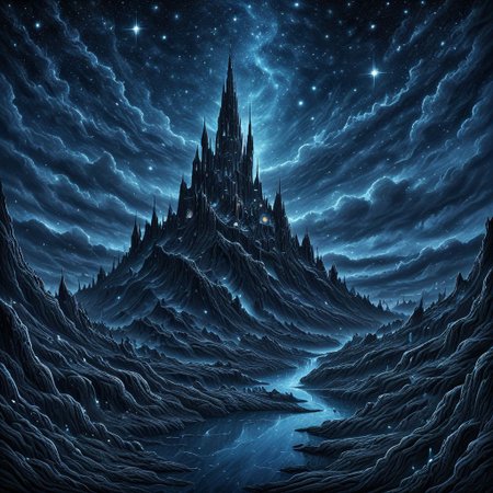 lumenarium, mythical nightscape, dark fantasy,   realism, starry sky,