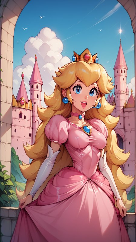 score_4,score_5,score_6,score_7_up,score_8_up,score_9 BREAK <lora:Princess_Peach_Shiny_Style_V3.0:0.7>,princess peach,1girl,solo,jewelry,earrings,long hair,breasts,very long hair,big hair,choker,pink dress,medium breasts,:d,outdoors,smile,open mouth,shiny,shiny skin,castle,puffy sleeves,